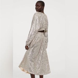 H&M Light Beige/ Silver Sequined Cut Out Back Midi Dress NWOT